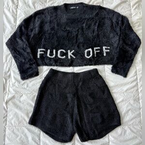 NASTY GAL | Black Fuzzy “F OFF” Sweater Shorts Set